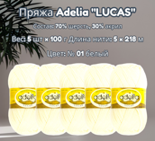 Пряжа ADELIA "LUCAS" 70 % шерсть 30 % акрил, вес: 5 х 100 г, дл.нити: 5 х 218 м № 01 белый